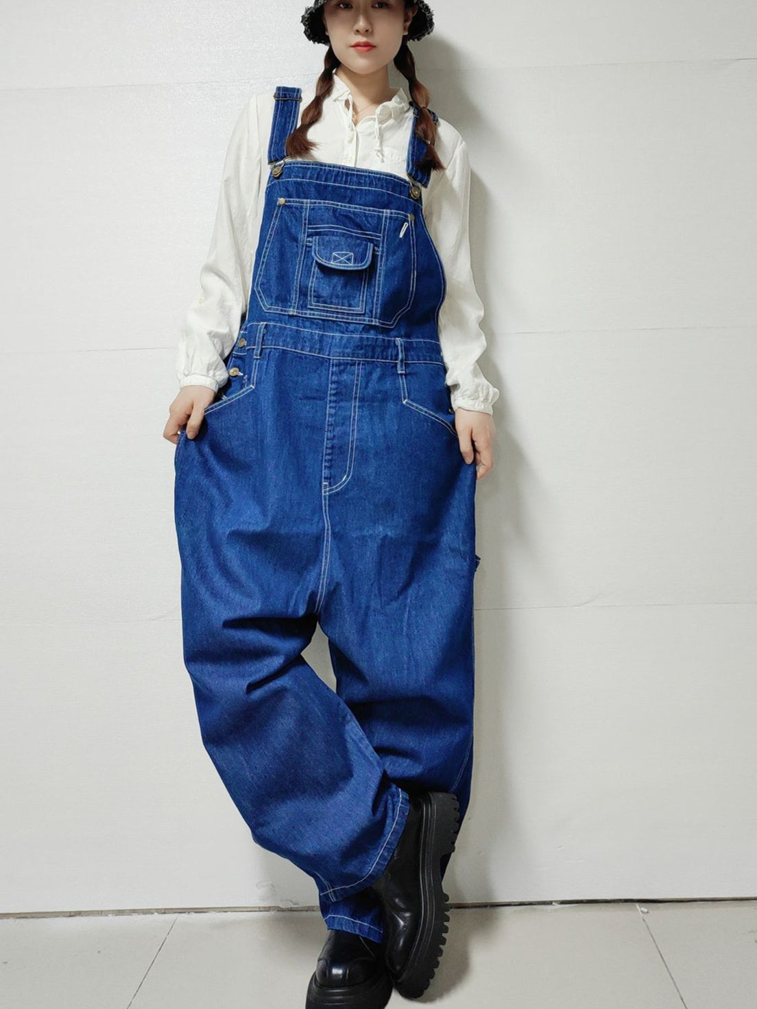 Women's Casual Retro Wide-leg Workwear Denim Overalls Jumpsuit