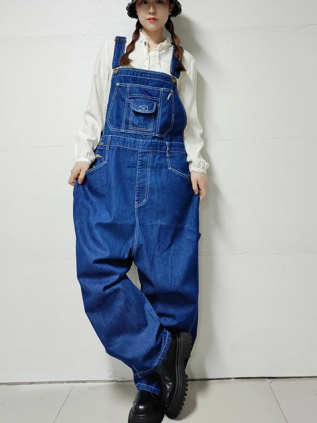 Women's Casual Retro Wide-leg Workwear Denim Overalls Jumpsuit