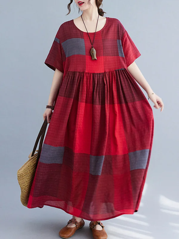 Artistic Retro Loose Color-Block Pleated Round-Neck Half Sleeves Midi Dress