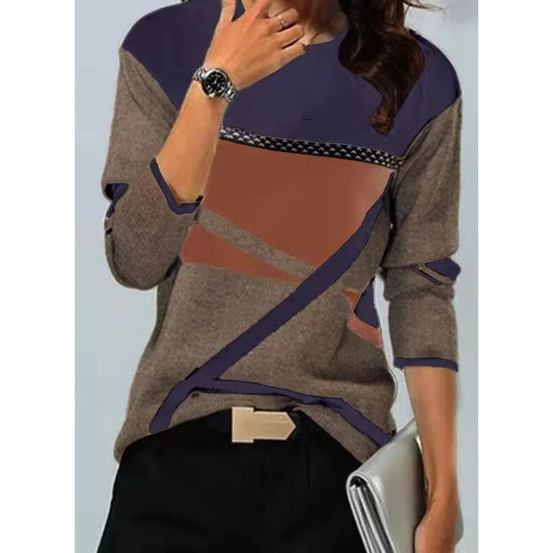 Uveng Loose Color Printed Round Neck Long Sleeve T-shirt