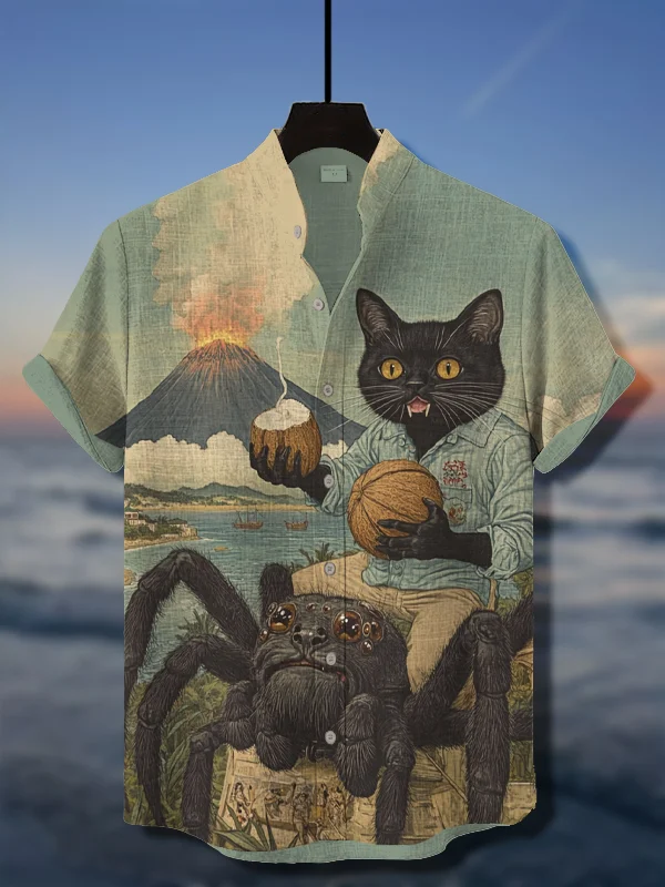 Men's Black Cat And Spider Coconut Volcanic Eruption Print Short Sleeve Shirt