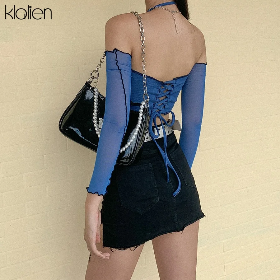 KLALIEN fashion casual patchwork letter Halter female t shirt summer mesh sleeve sexy off shoulder office lady slim wild t shirt