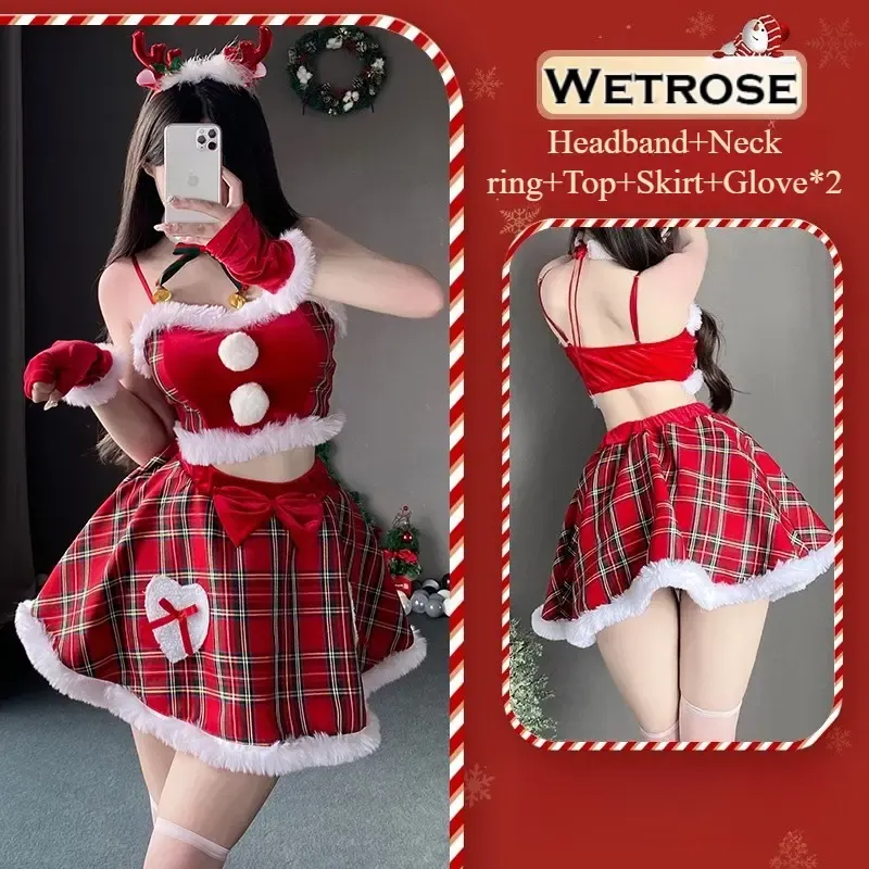[Wetrose] In Stock Christmas Plaid Santa Red Velvet Skirt Reindeer Headband Holiday Outfit Cosplay Costume Xmas