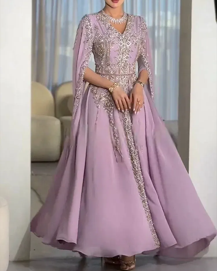  Ladies Stylish and Elegant Embroidered V-Neck Dress