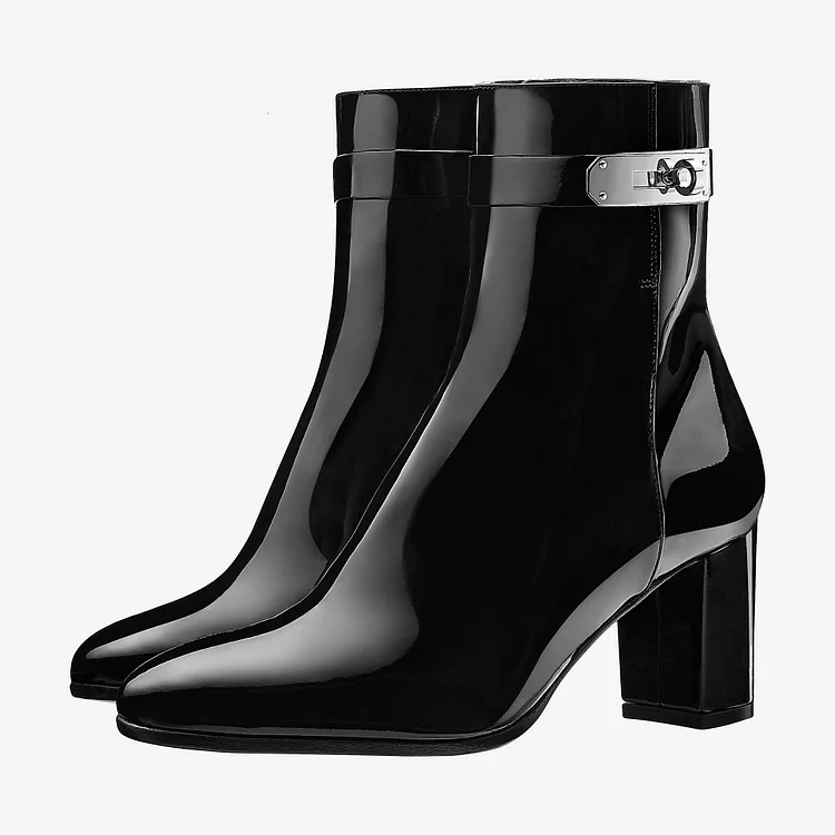Black Patent Leather Chunky Heel Lock Ankle Boots Vdcoo