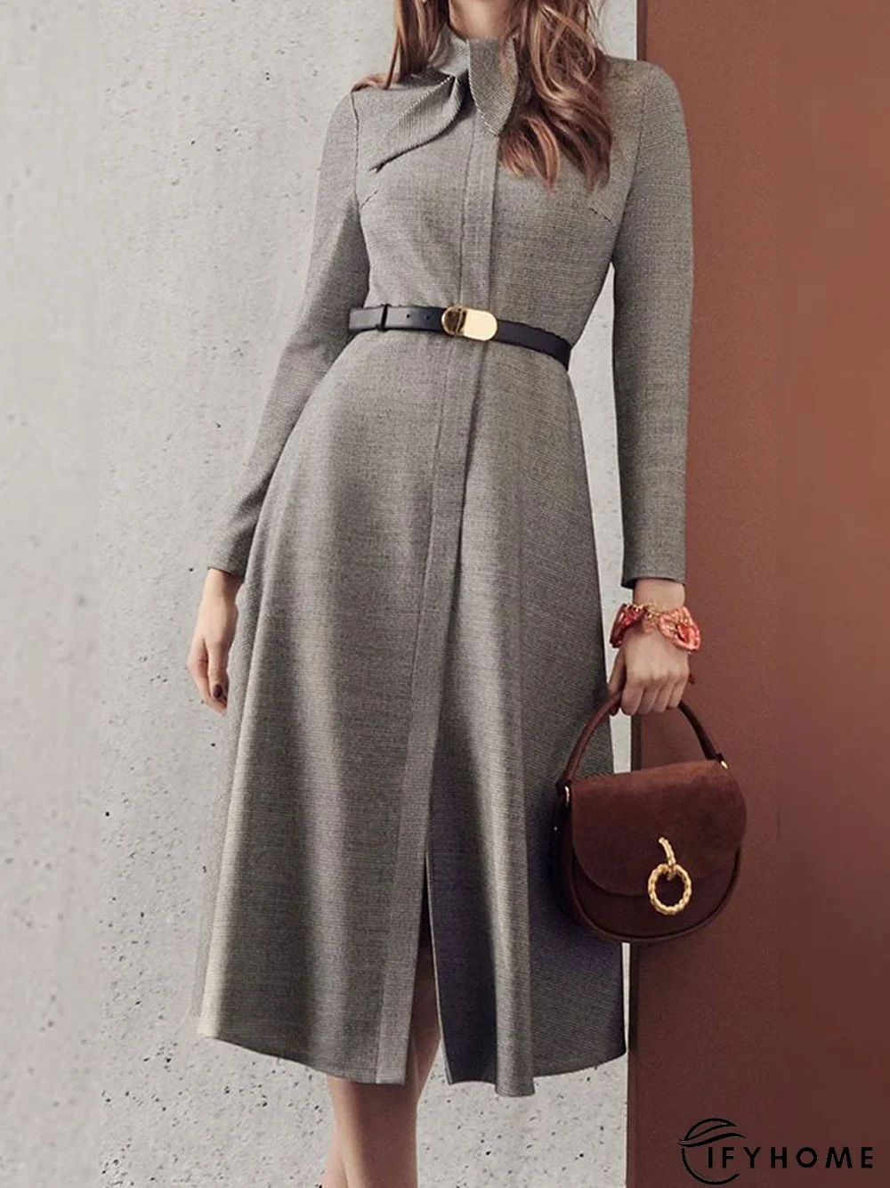 Long Sleeve Plain Work Midi Dress | IFYHOME