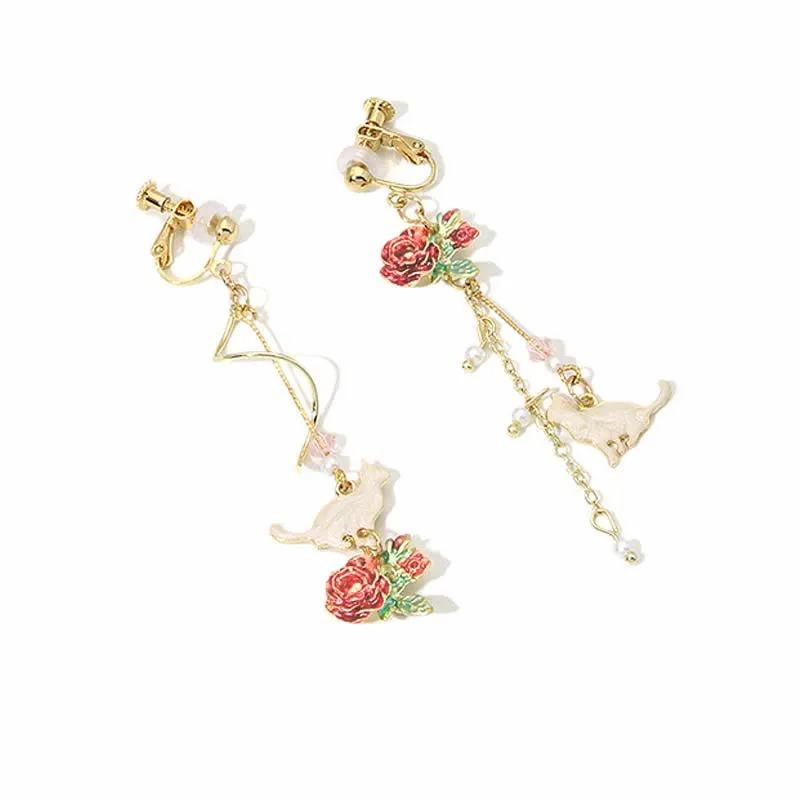 Asymmetrical Cat Blossom 925 Sterling Silver Stud Earrings Ear Clip