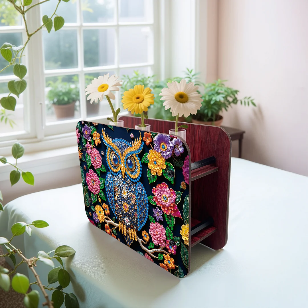 Owl DIY Flower Vase Wooden Double Sided Desktop Diamond Art Kit for Home Decor