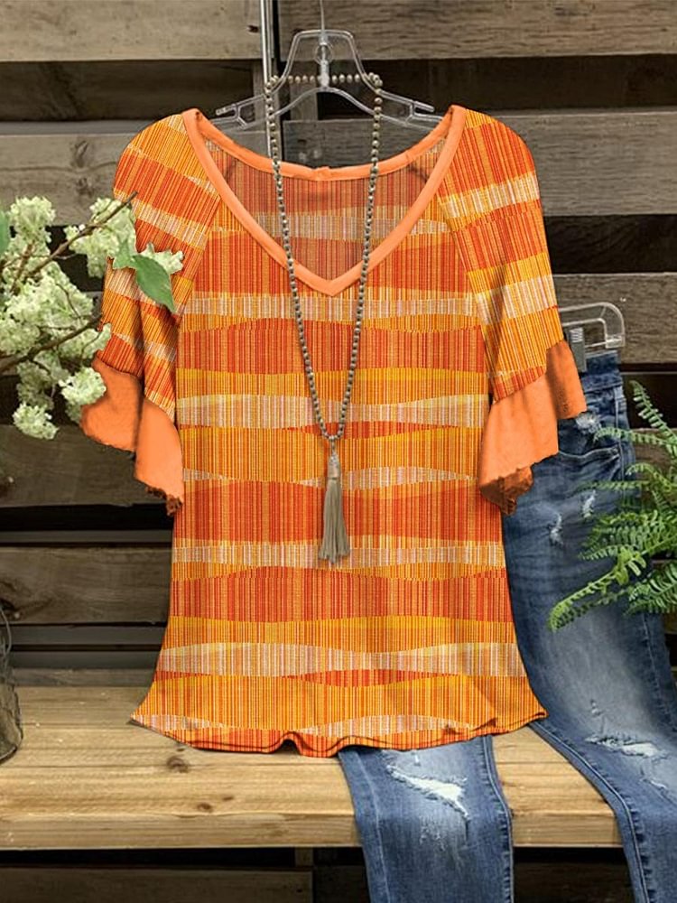 Women's Printed Stripes V-Neck Casual Top