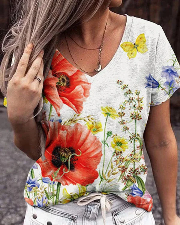 Women's Short Sleeve Abstract Floral V-Neck Top