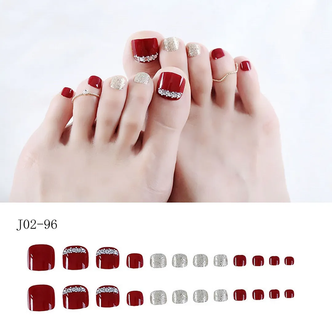 24pcs Luxury Full Fake Toe Nail Rhinestone False Nails Finished Manicure Flash Drill Wine Red Foot Nail Art for Summer Barefoot-Nail Inspo
