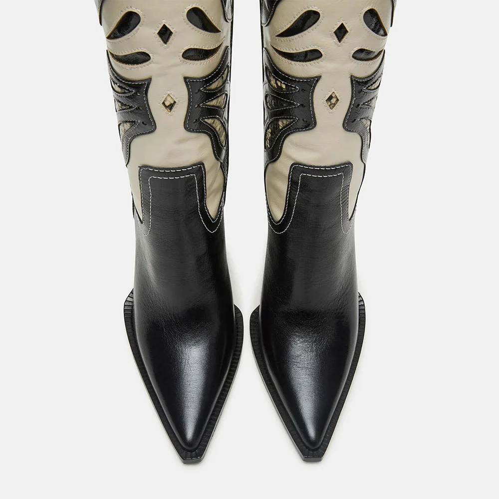 Black & Ivory Butterfly Inlay High Heel Cowboy Boots for Women