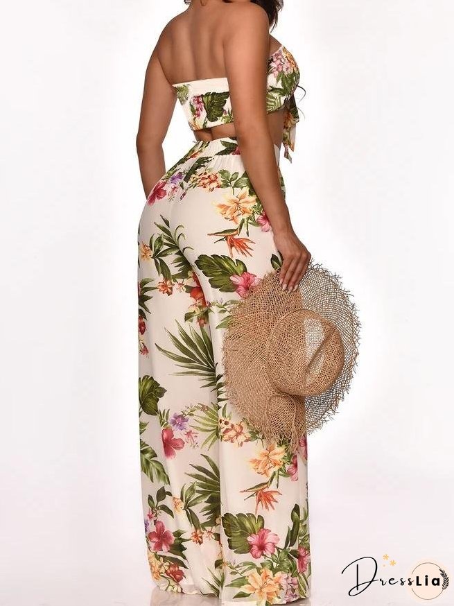 Printed Lace-Up Tube Top & Trousers Two-Piece Suit for Women