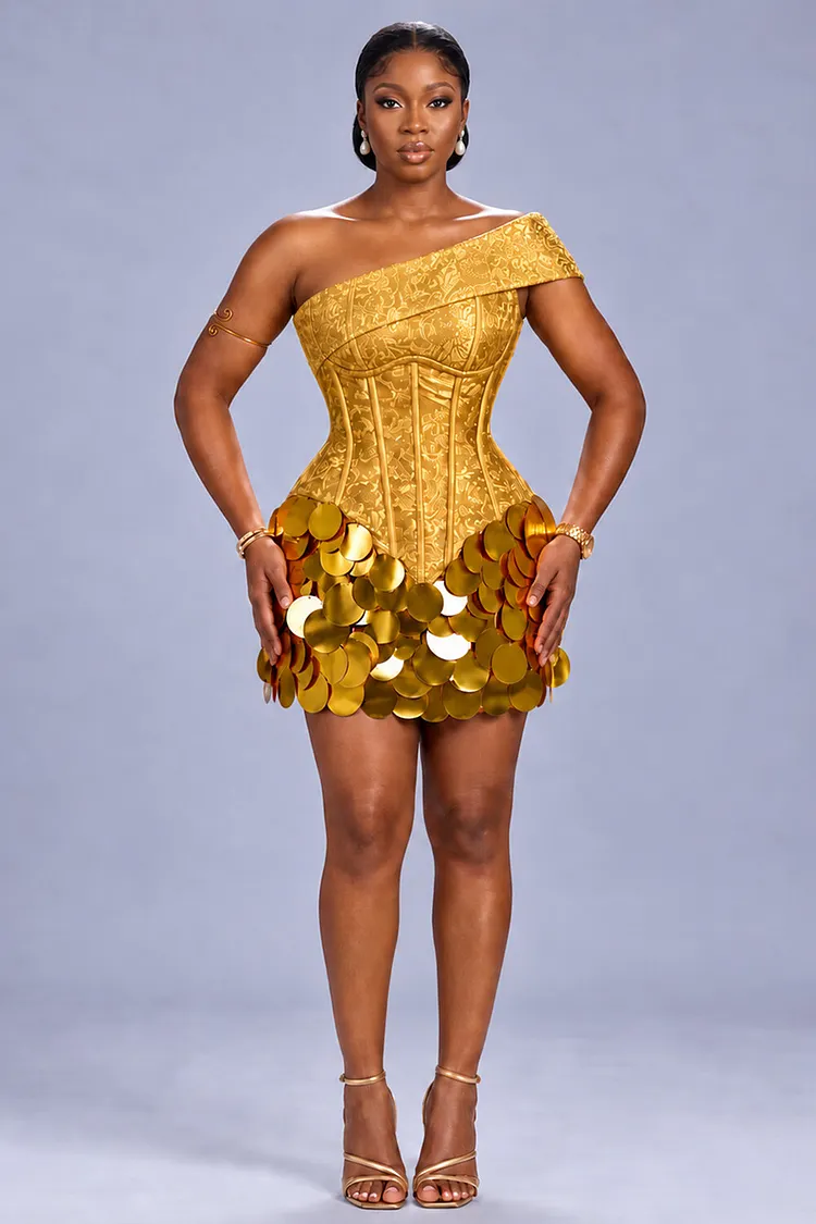 gold sequin bodycon dress One Shoulder Jacquard Corset Mini Dresses-Gold [Pre Order] 52 Bust red black wedding LNMQLPDBS Birthday Dresses Fall Pairing:Gown