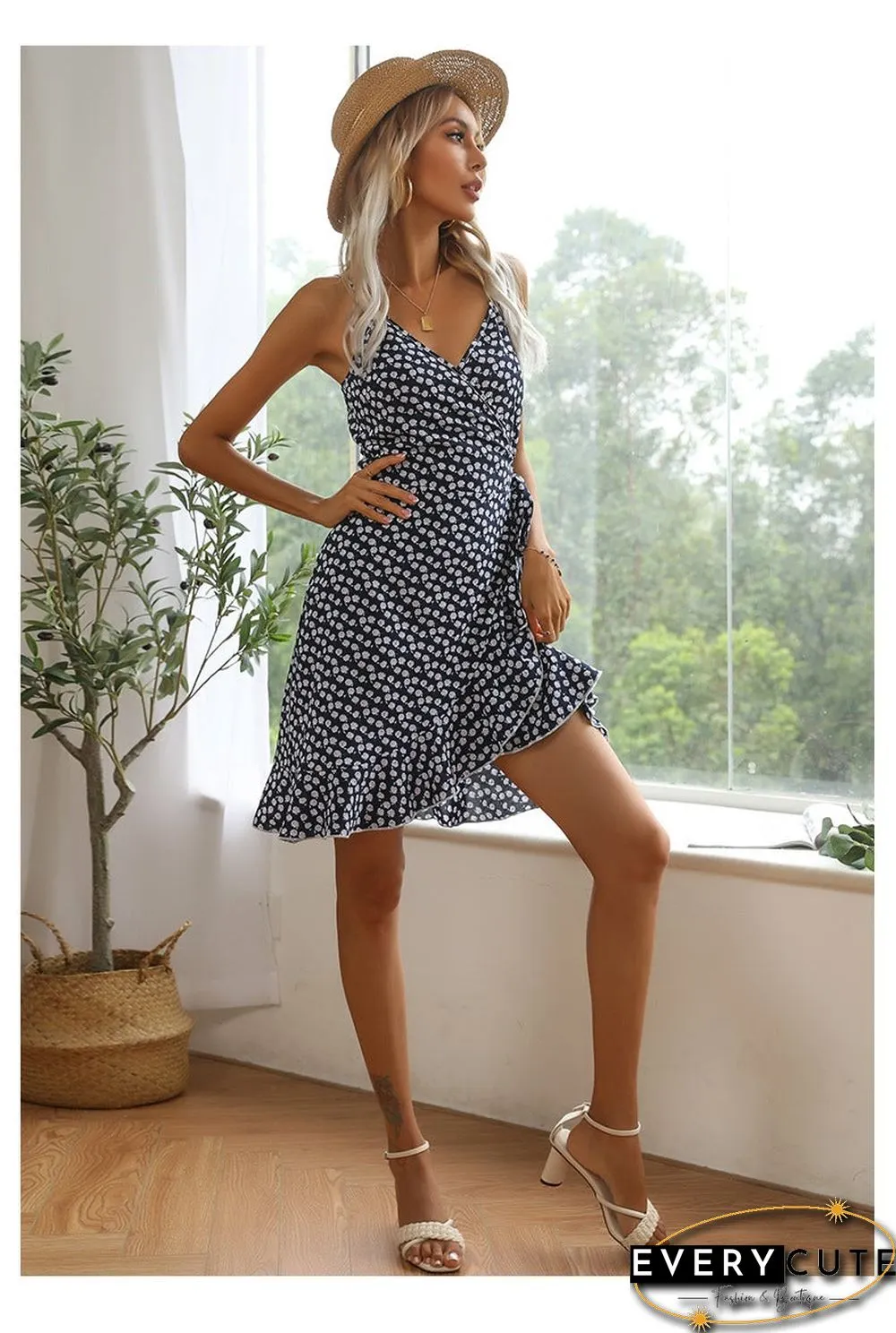 Summer Printing Irregular Ruffled Suspenders Dress Women