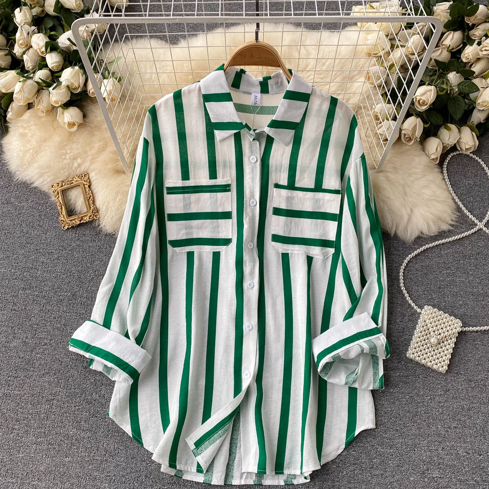 Autumn New Retro Stripe Blouse Korean Casual Loose Turndown-Collar Long Sleeve Tops Female Fashion Streetwear Blouses