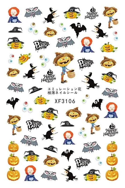 Nail Stickers Back Glue Halloween Skull Pumpkin Bat Creative Designs Nail Decal Decoration Tips For Beauty Salons-Nail Inspo