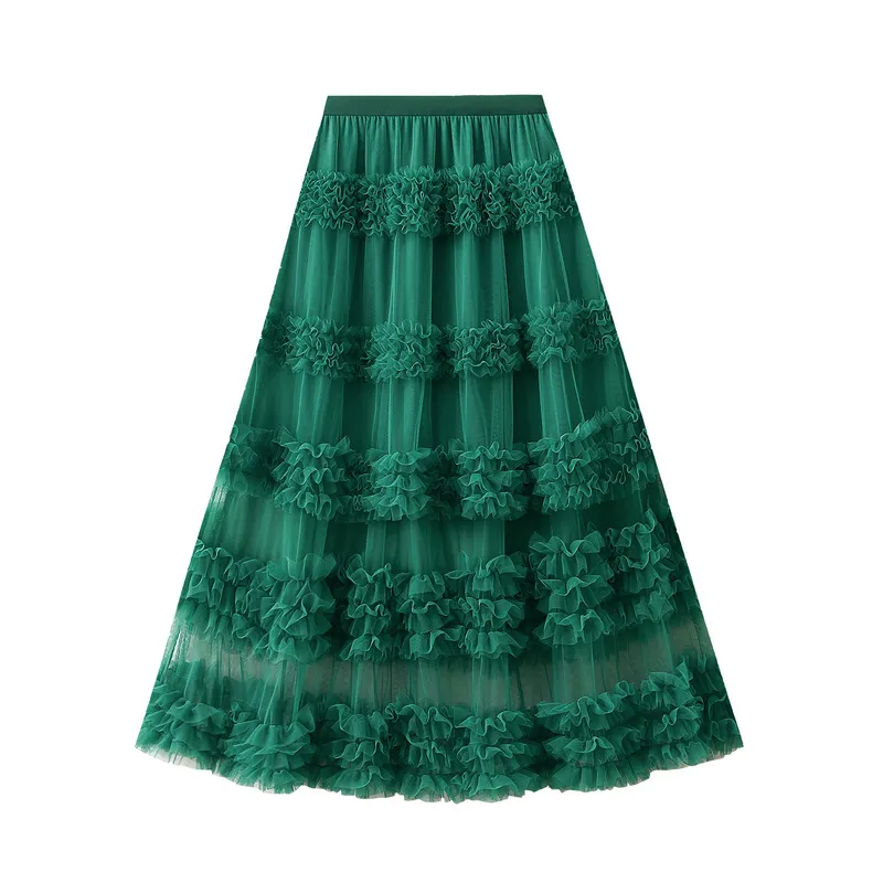 Nigikala Nigikala Heavy Industry Lace Cake Skirt Long Skirt Sweet Wind High Waist Wood Ear Net Yarn Skirt 1276