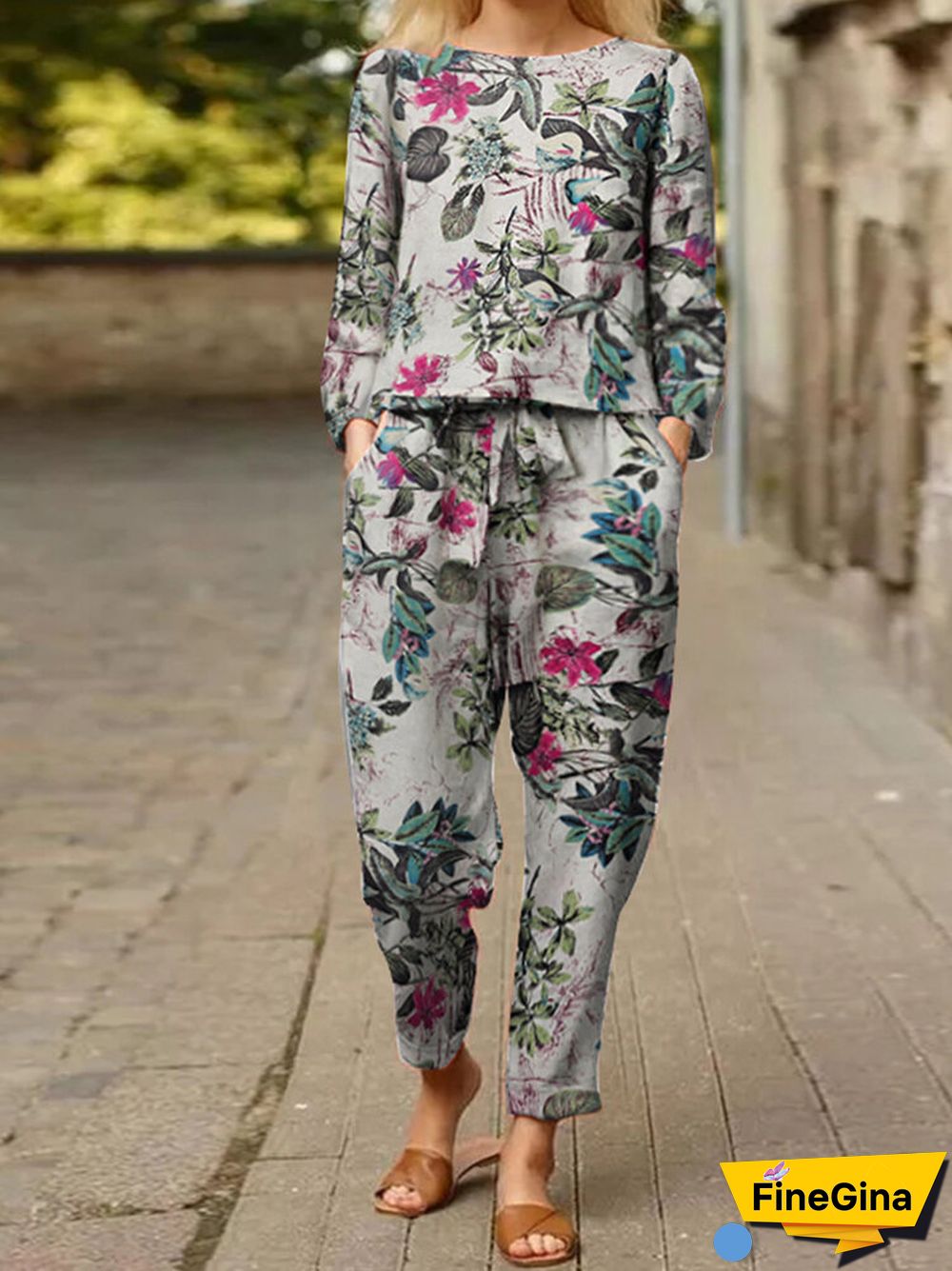 Casual Floral Pattern Elastic Waist Cotton Two-piece Set Suit