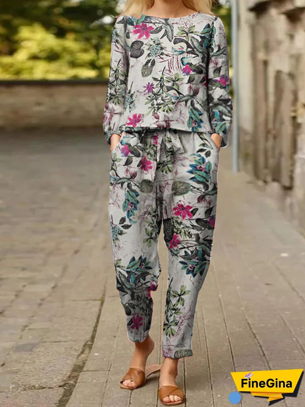 Casual Floral Pattern Elastic Waist Cotton Two-piece Set Suit