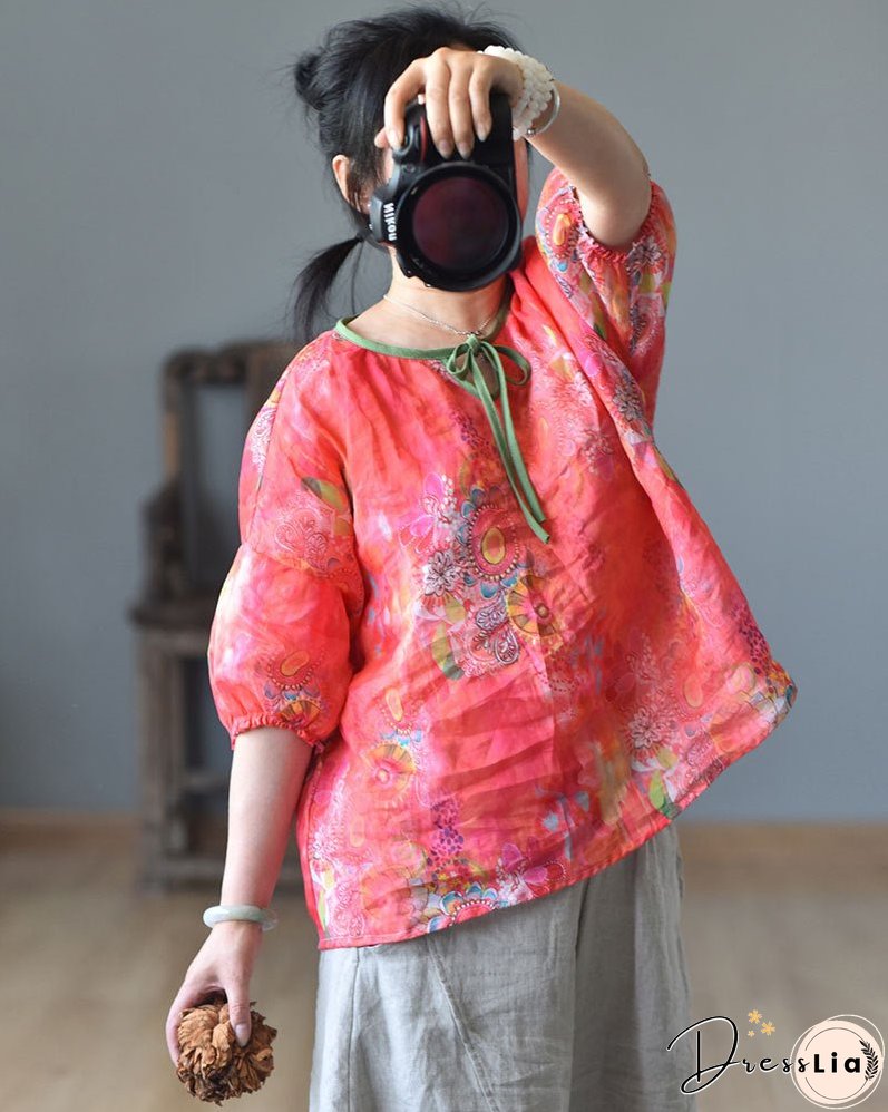 Linen Floral Print Spring Summer Shirt Short Sleeve