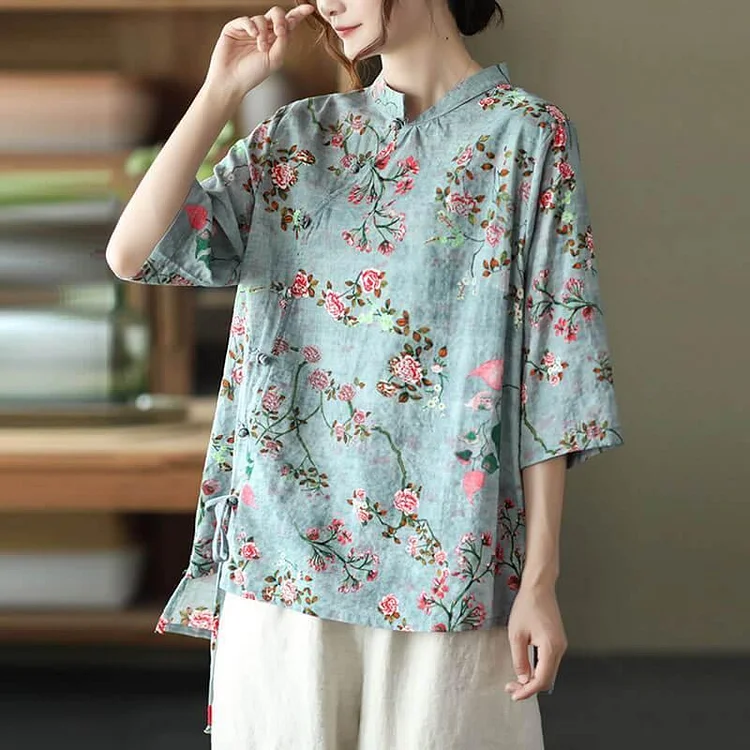Vintage Floral Asymmetrical Cotton Linen Shirt