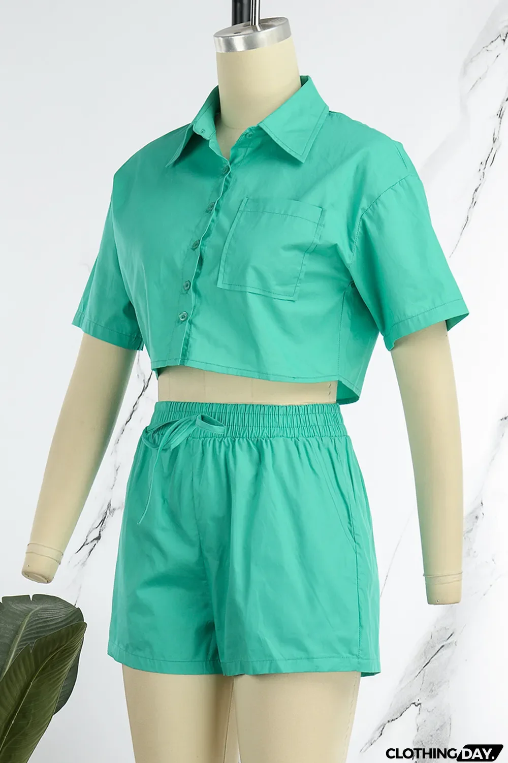 Orange Casual Solid Patchwork Buckle Turndown Collar Short Sleeve Two Pieces