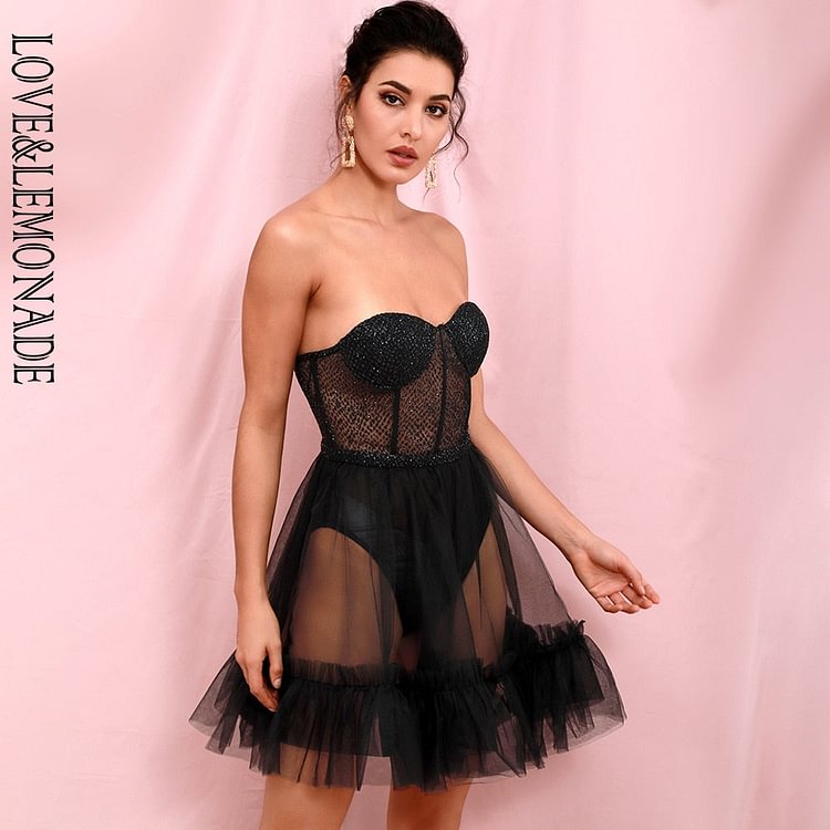 Black Sexy Tube Top Perspective Mesh Fluffy Shape Glitter Glued Party Mini Dress LM82353 - BlackFridayBuys