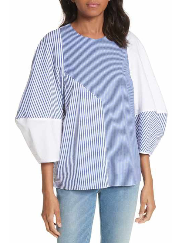 Oversize Short Sleeves Striped Patchwork Blouses