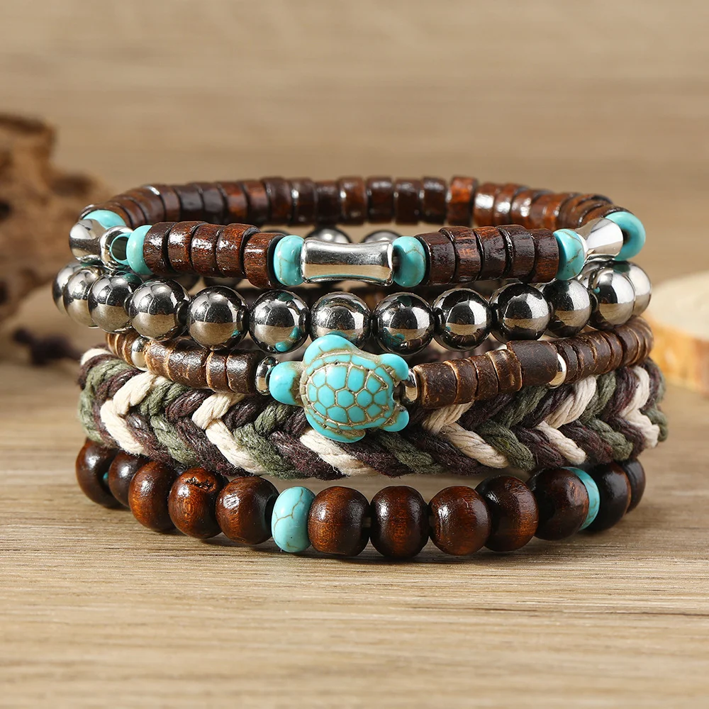 Men's Vintage Turquoise Turtle Multi-Layered Wood Bead Bracelet-inspireuse