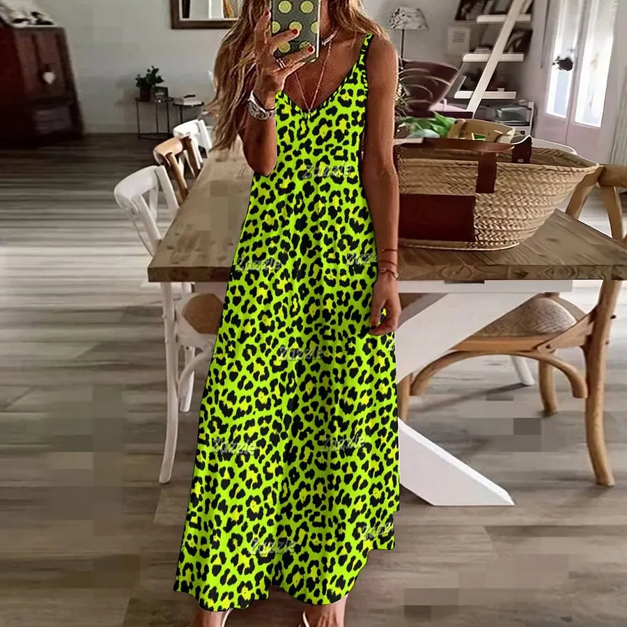 Striking Lime Green Punk Rock Leopard Women's Casual Strappy V Neck Sleeveless Flowy Loose Long Maxi Beach Dress Sundress Green-4XL