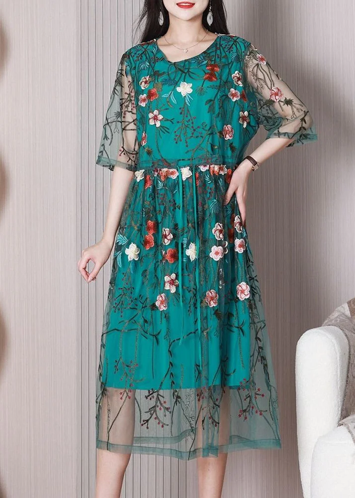 Elegant Green Embroideried Floral Tulle Holiday Dress Summer