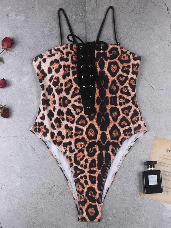 Leopard Lattice One Piece Swimsuit