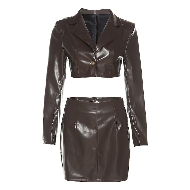 Women Top & Skirt 2 Piece Set Winter Lapel Single Breasted Coat Sheath Pu Skirt Casual Suit