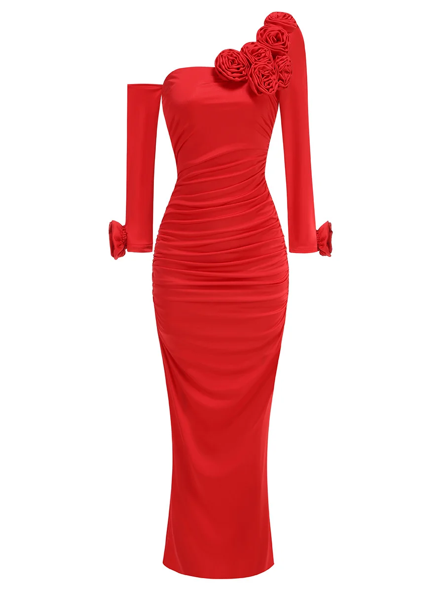 Zingj Women's Three-Dimensional Flower Design Folds Open Fork Solid Color Dress Dress