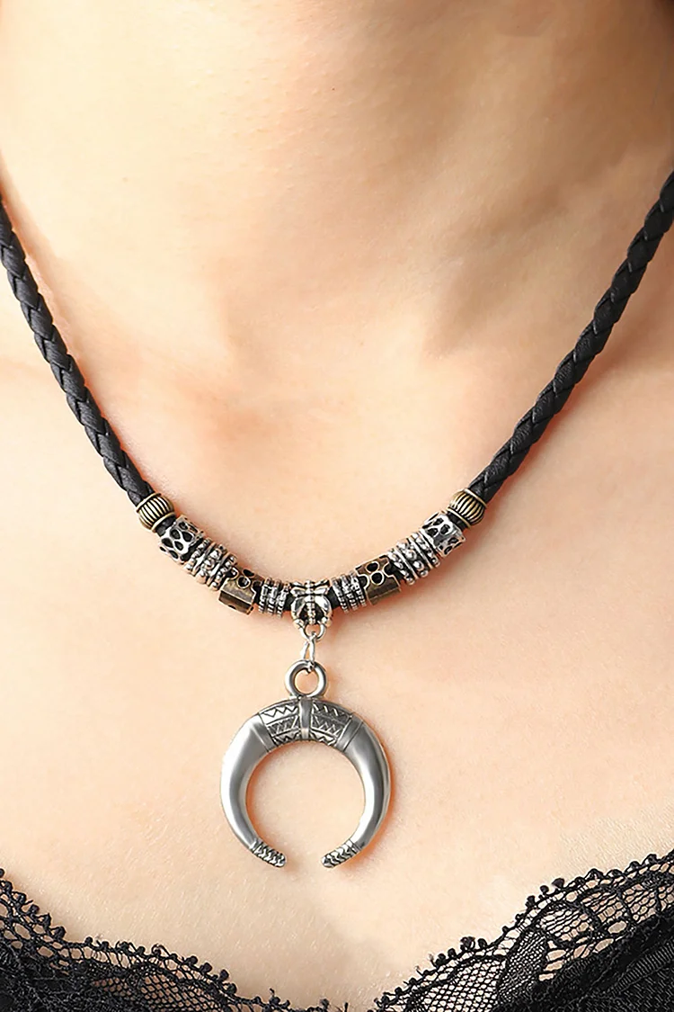 Vintage Ethnic Crescent Pendant Beaded Braided Rope Necklace