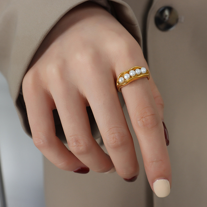 Design Bean-shaped Inlaid Pearl Open Ring