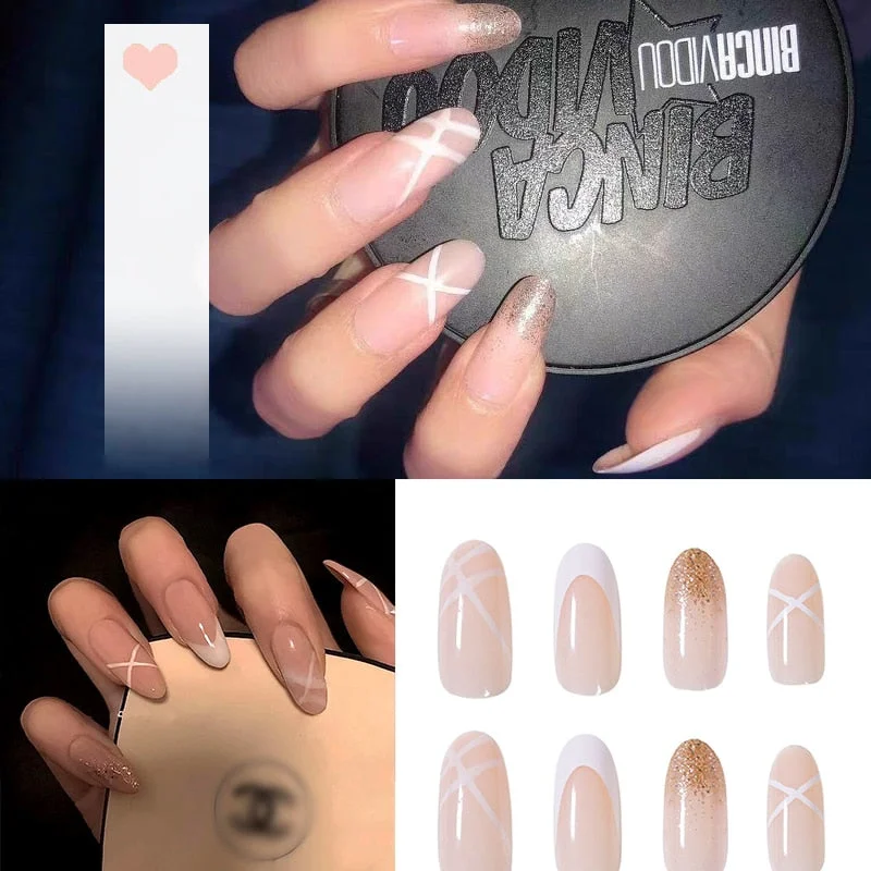 24pcs acrylic nail tips Ombre  Pearl Pink Fake Nail Super Long Stiletto Full Cover Color Glossy Acrylic Nail Kits Sets with Glue-Nail Inspo