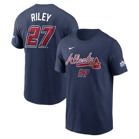 Men's Atlanta Braves #27 Austin Riley  Navy 2025 MLB Speedway Classic Name & Number T-Shirt