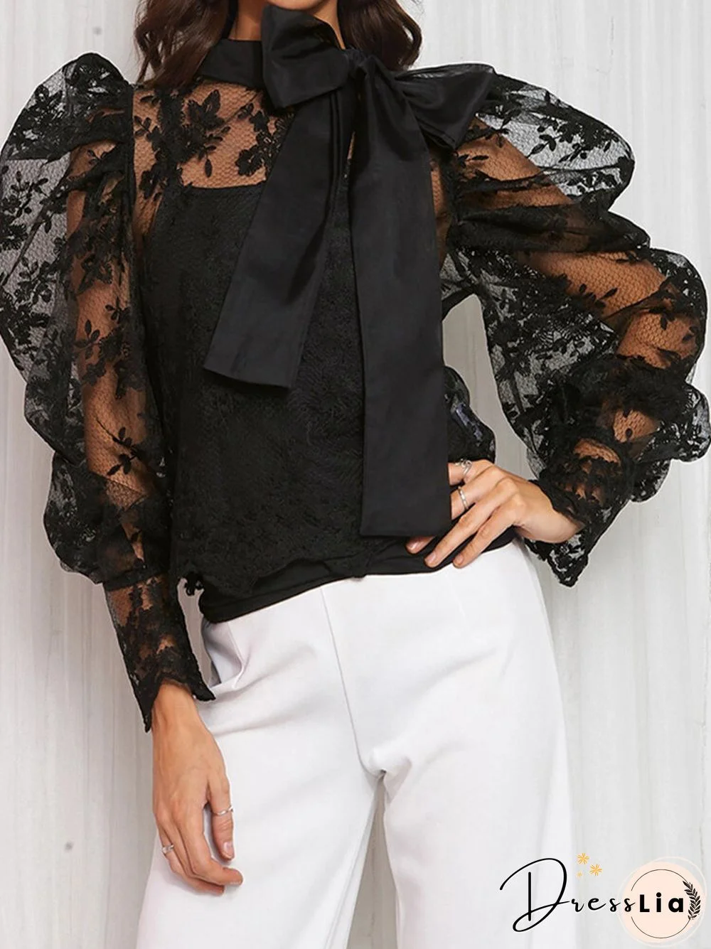 Lace Hollow Out Bowknot Tie Long Puff Sleeve Vintage Blouse