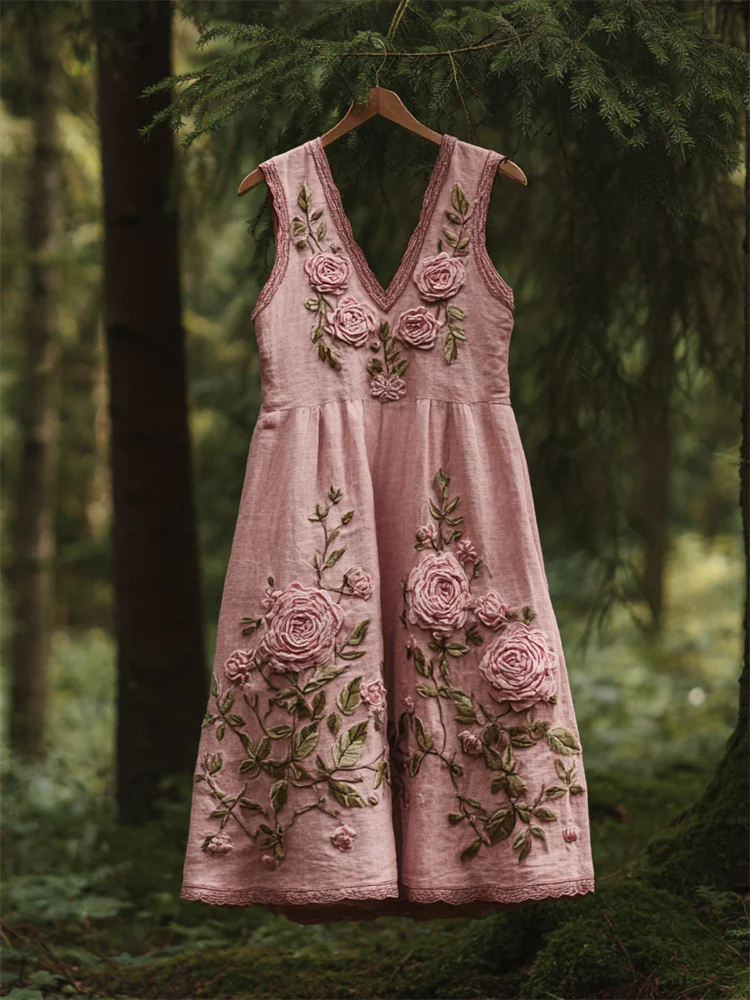 Vintage Pink Roses Embroidered Linen Tank Dress