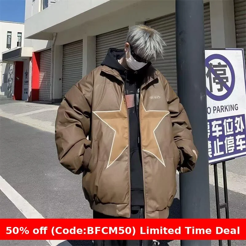 Aonga winter outfits men Winter Street Ins Star PU Leather Cotton-Padded Coat Men and Women Warm Casual Bread Coat Leather Cotton-Padded Jacket aonga