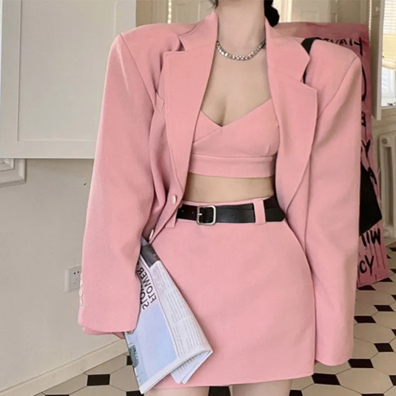 Chic Lapel Blazer Cami Belted Skirt Three Pieces