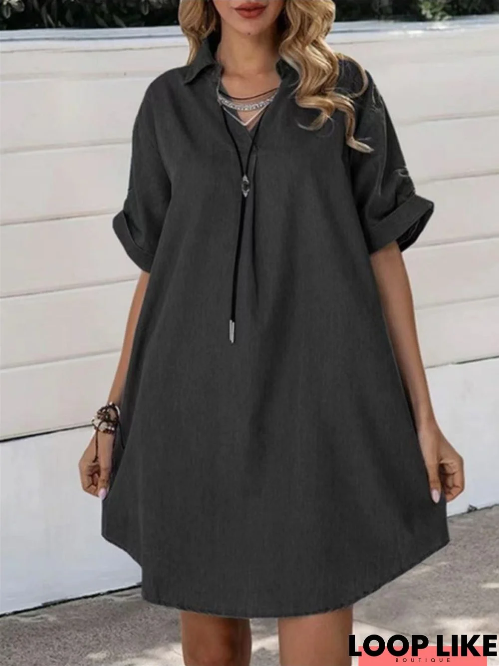 Women Fashion Casual V-Neck Lapel Denim Solid Color Short Sleeve Swallow Tail Dress Black Dresses