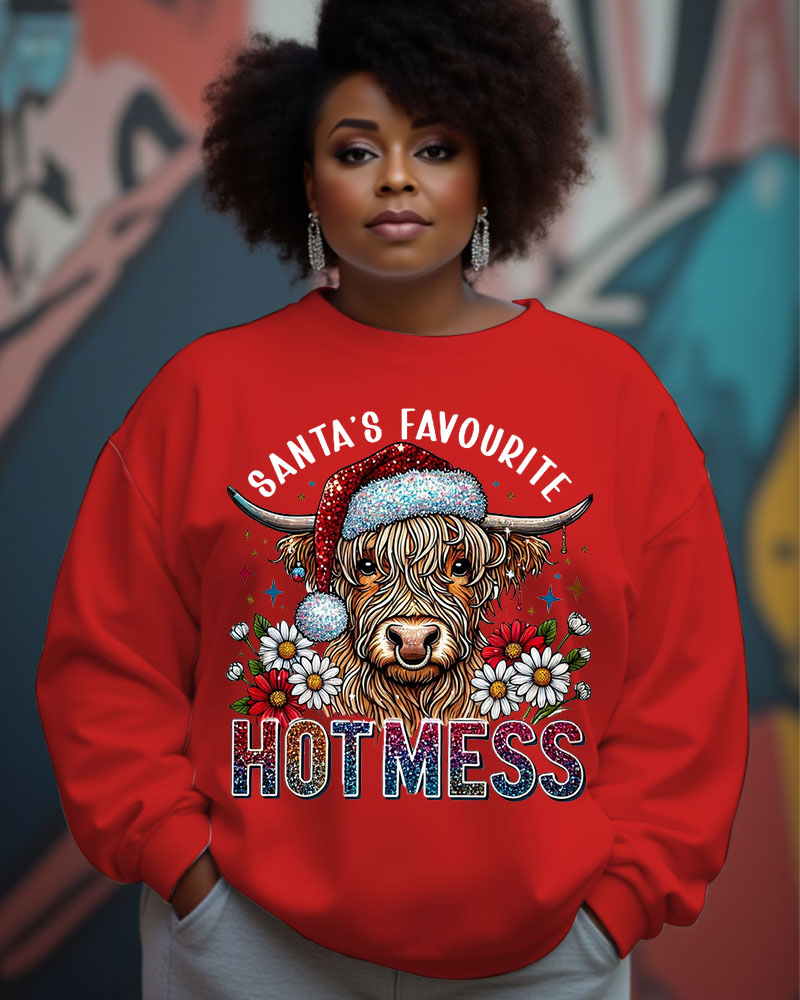 Women's Christmas Slogan Santa'S Favorite Hotmess And Cow Print Round Neck Sweatershirts