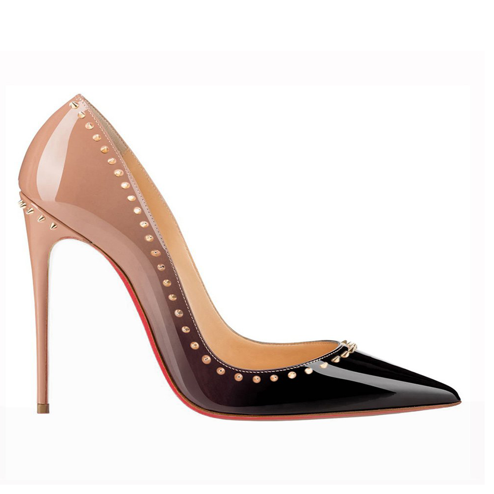 100mm Women's Red Bottom Pointed Toe Rivet Gradient High Heels Party Daily Wedding Patent Pumps-MERUMOTE