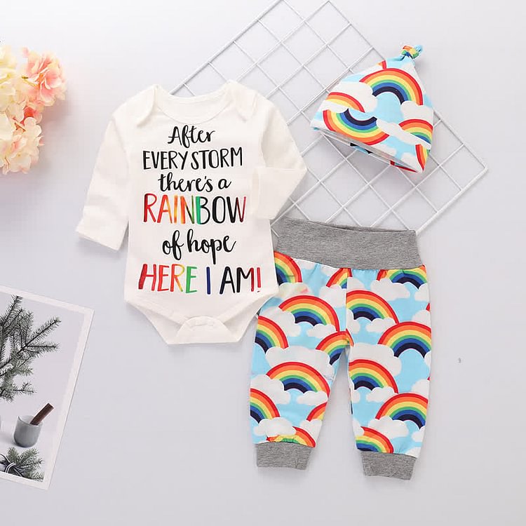 Baby Letters Bodysuit Rainbow Pants and Hat Set