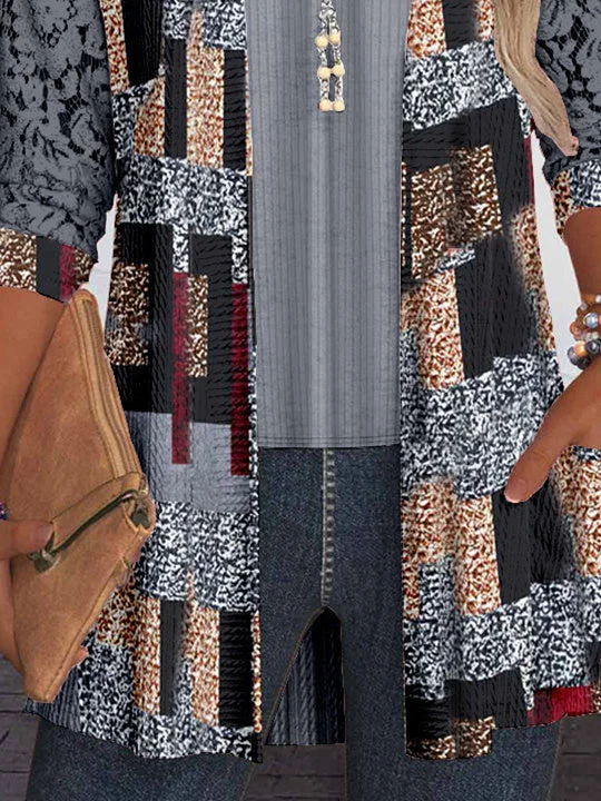 Women Long Sleeve Scoop Neck Plaid Printed Graphic Pockets Lace Two-Pieced Tops