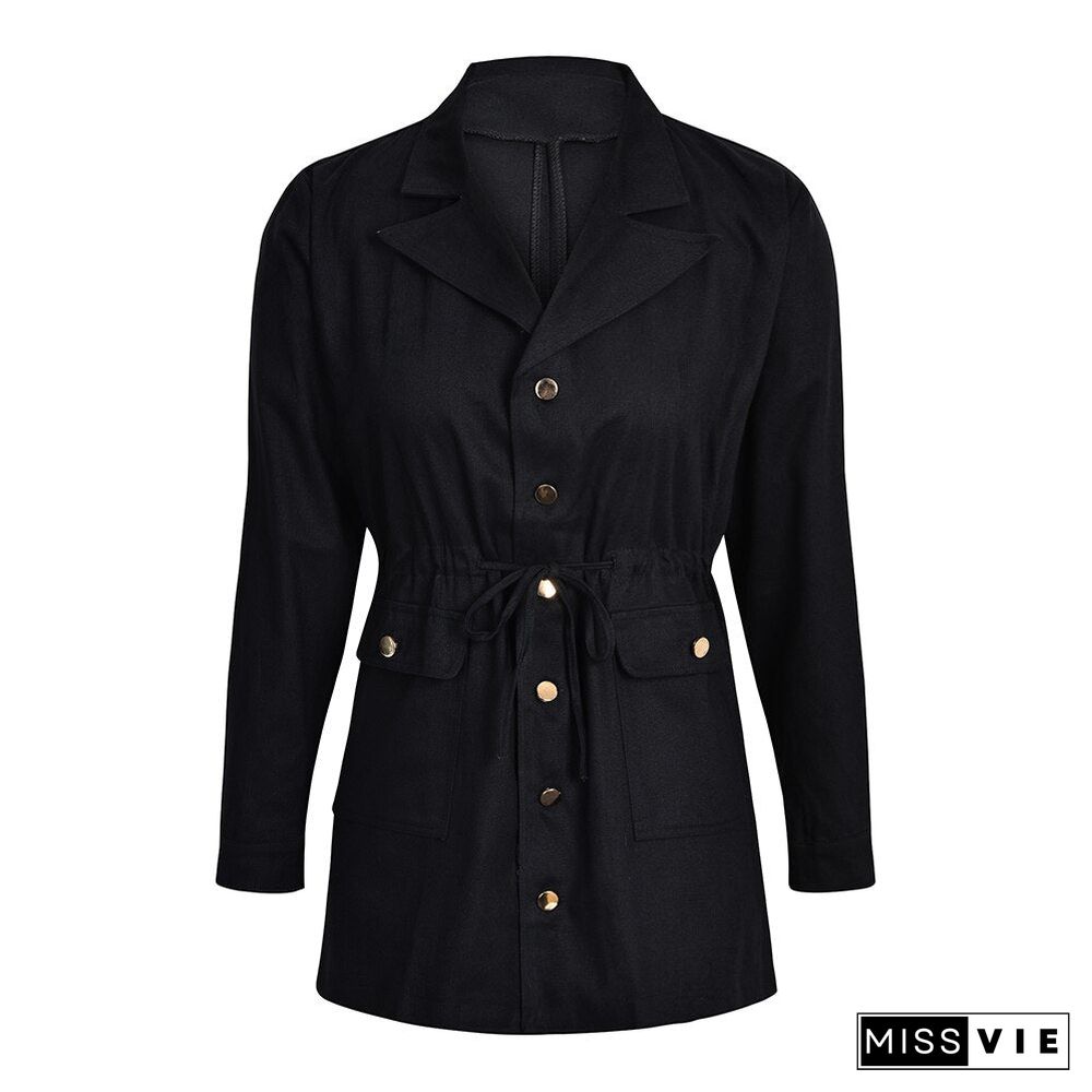 Sale Women Button Coat Office Lady Fall Jacket Slim Pocket Elegant Outwear Vintage Jacket Drawstring Streetwear Winter Coats Q30