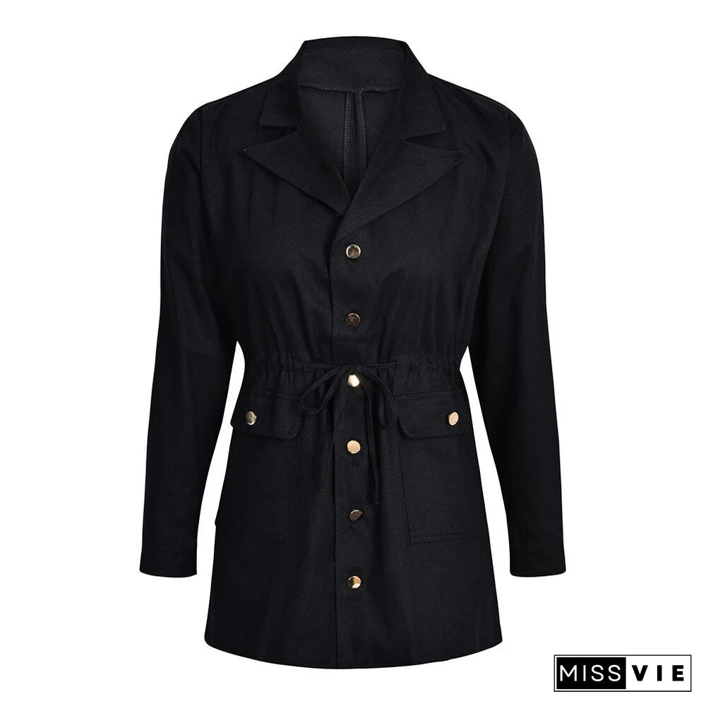 Sale Women Button Coat Office Lady Fall Jacket Slim Pocket Elegant Outwear Vintage Jacket Drawstring Streetwear Winter Coats Q30